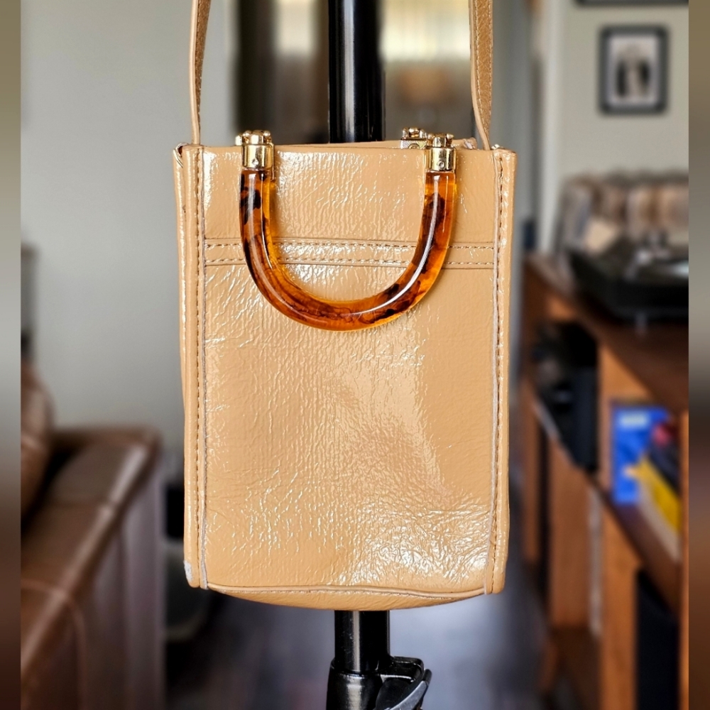 Anthropologie Tan Patent North South Mini  Crossover Bag